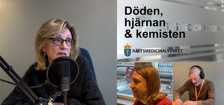 Kollage med medverkande i podcast. Bild på Marianne Kristiansson, rättspsykiater och kommunikatörerna John Henzlert och Johan Göransson.