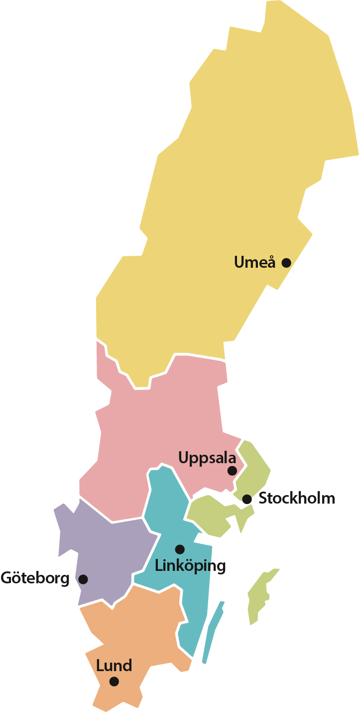 Karta över upptagningsområden för respektive rättsmedicinsk enhet i landet.