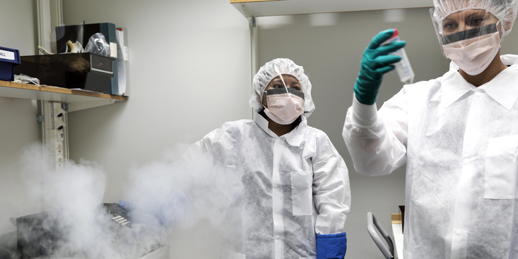 Two employees in white protective clothing at the forensic genetics laboratory, holding test tubes.